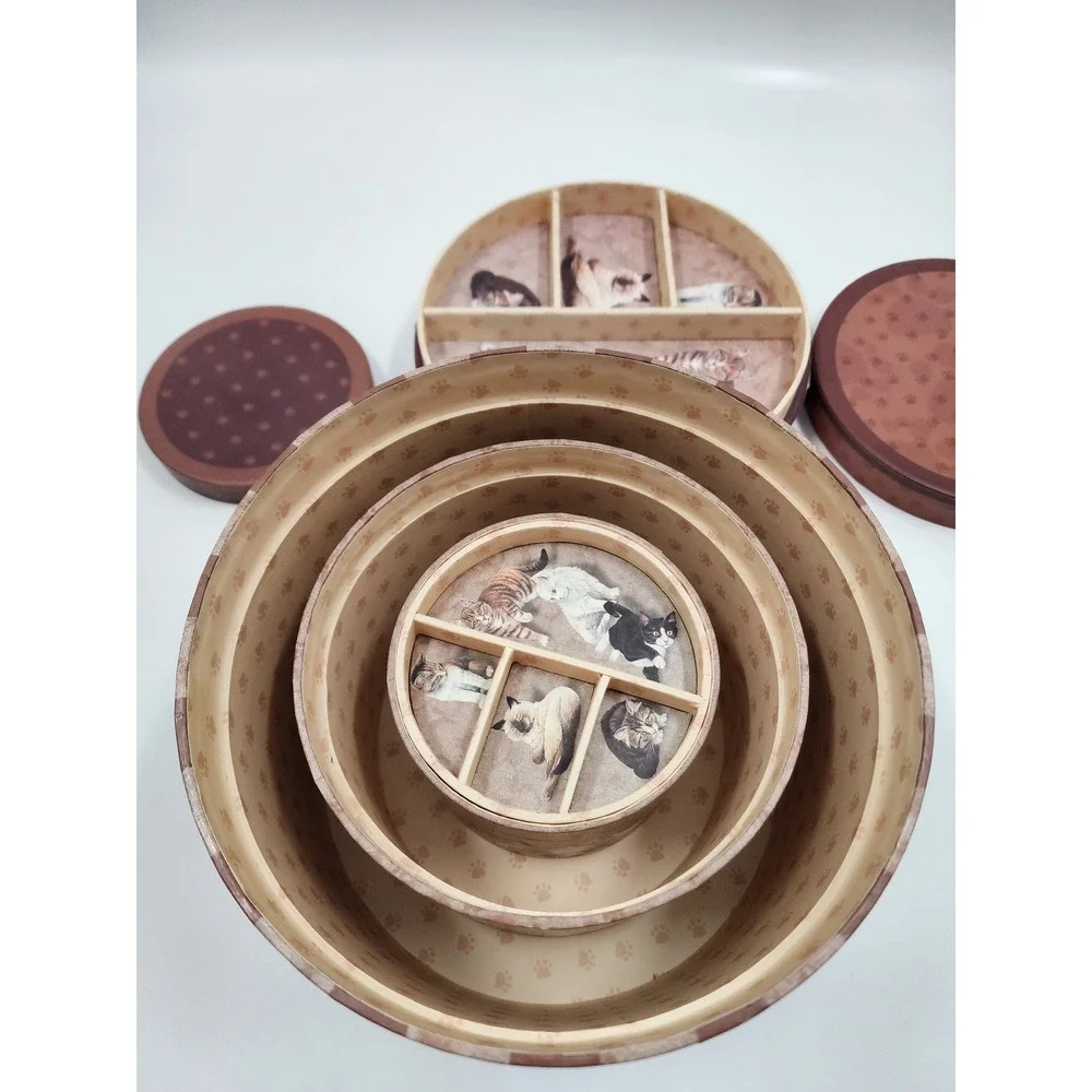 Nesting Cat Storage Boxes Set of 3 Round Decorative Organizers with Trays Brown